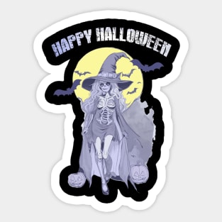 Happy Halloween, a skeleton witch in moonlit night Design! Sticker